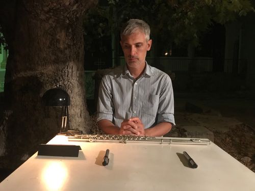 picture showing a moment from Manos Tsangaris' piece “Love & Diversity” in Chios